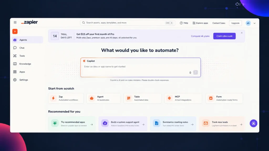 Zapier Agents dashboard showing automation workflow options, Copilot, and recommended apps